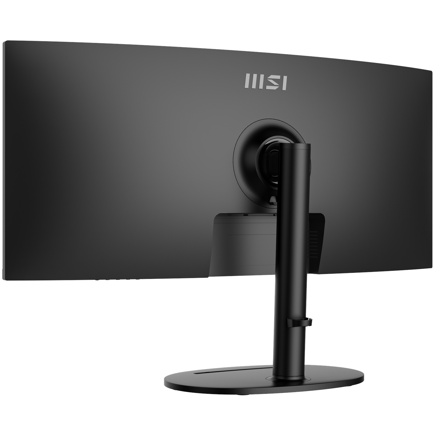Back of a curved black computer monitor with stand. The MSI logo is visible. The stand is round and black.