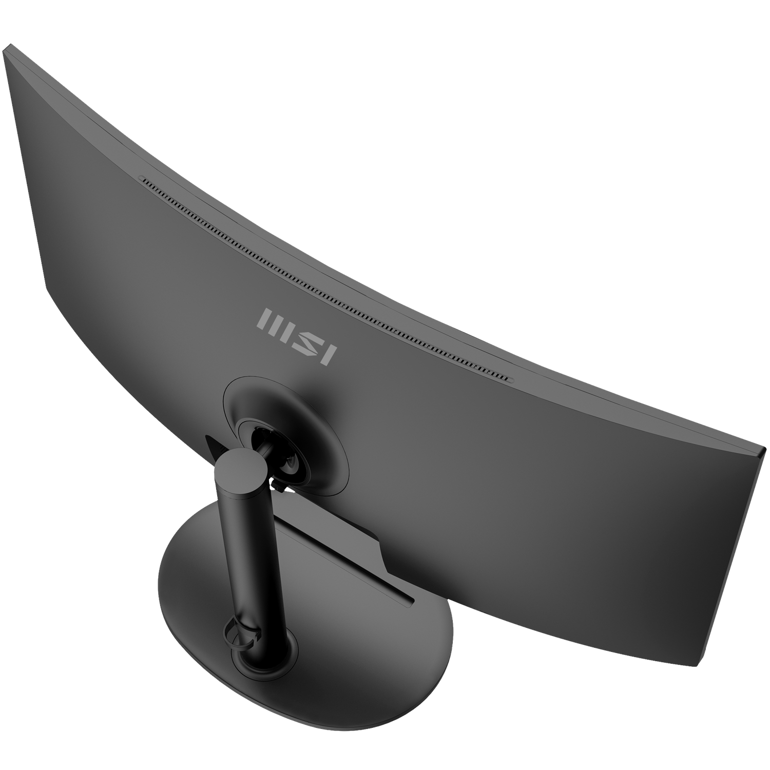A curved black computer monitor. It has a stand and the MSI logo. The background is white.