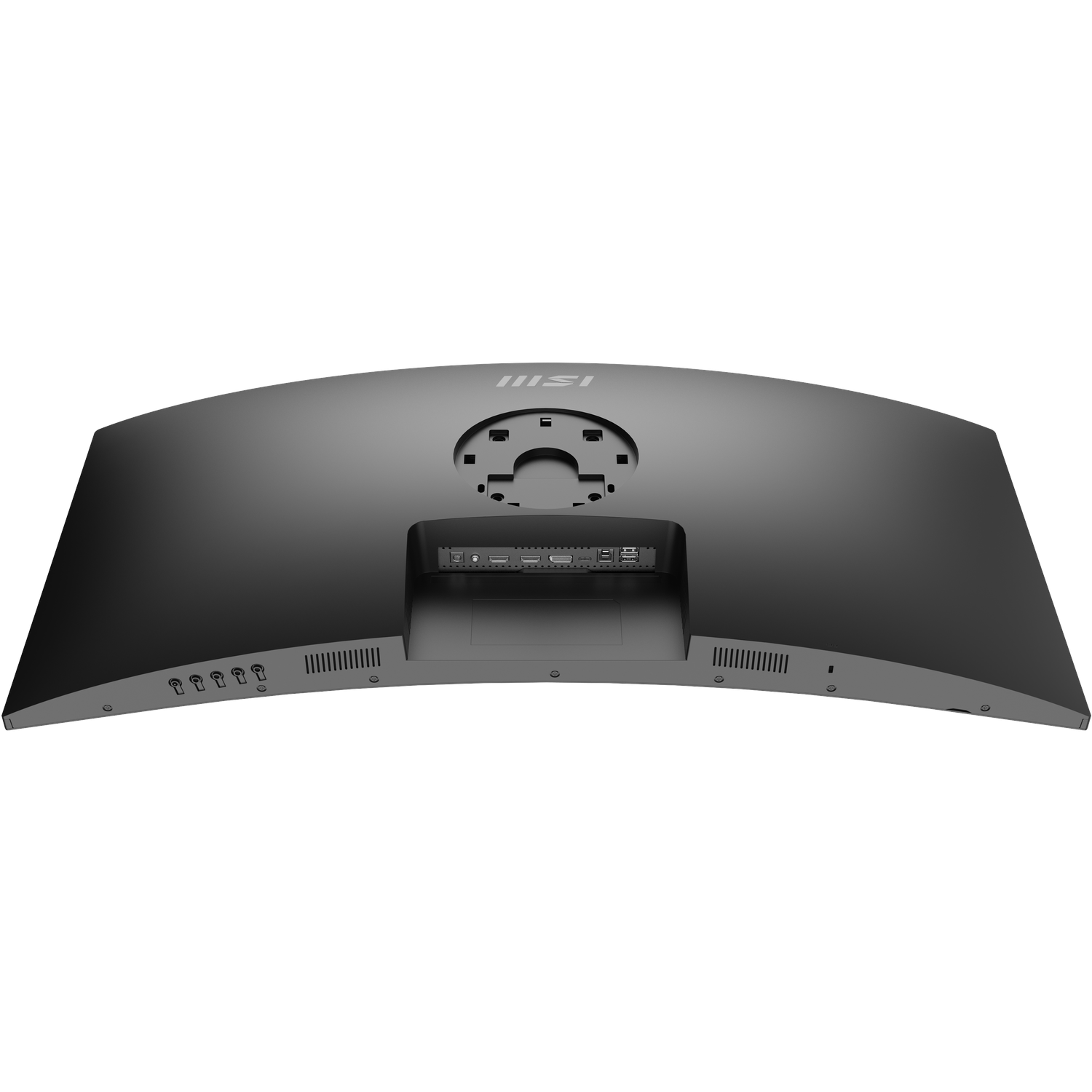 A curved, dark gray computer monitor's back. It has ports, vents, and an MSI logo. The monitor is on a white background.