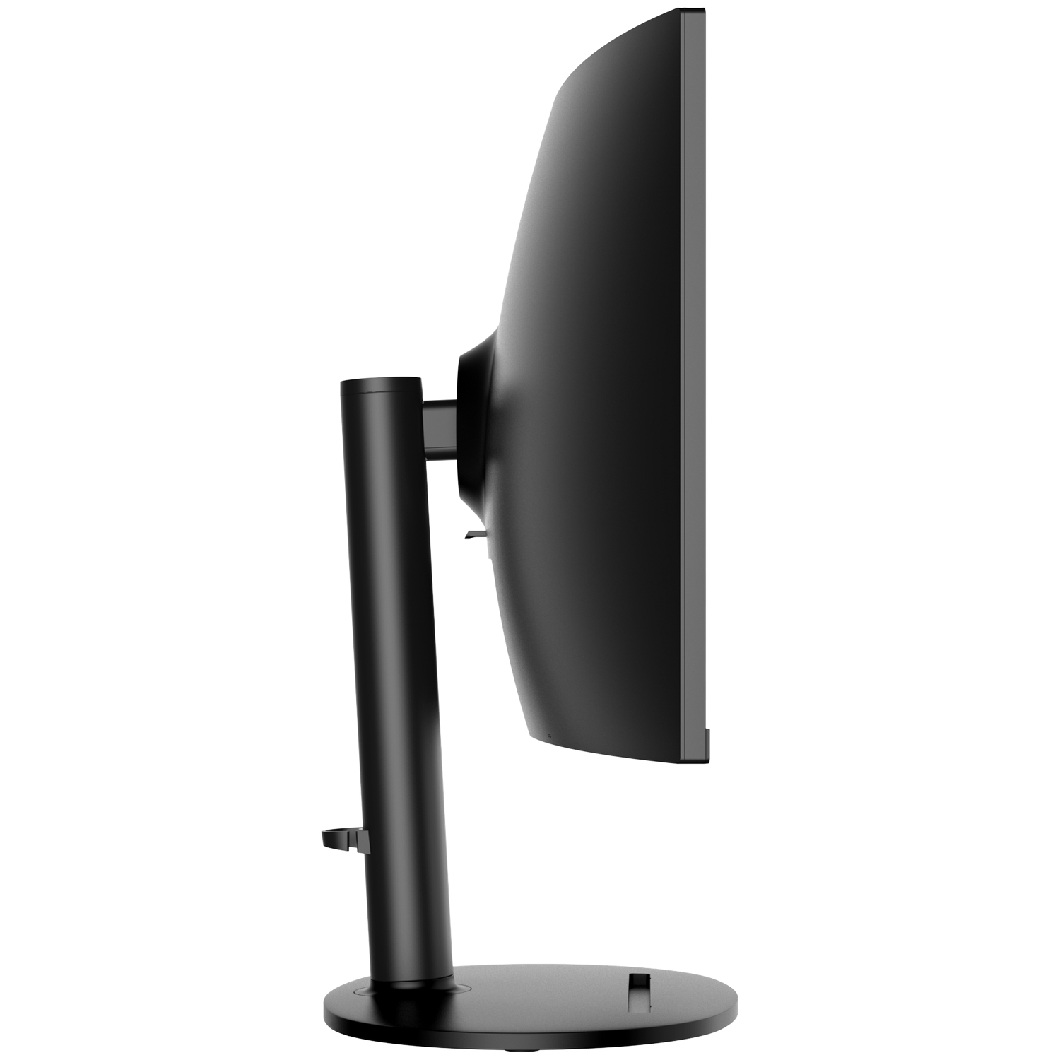A black computer monitor from the side, showing the screen, stand, and base against a white background.