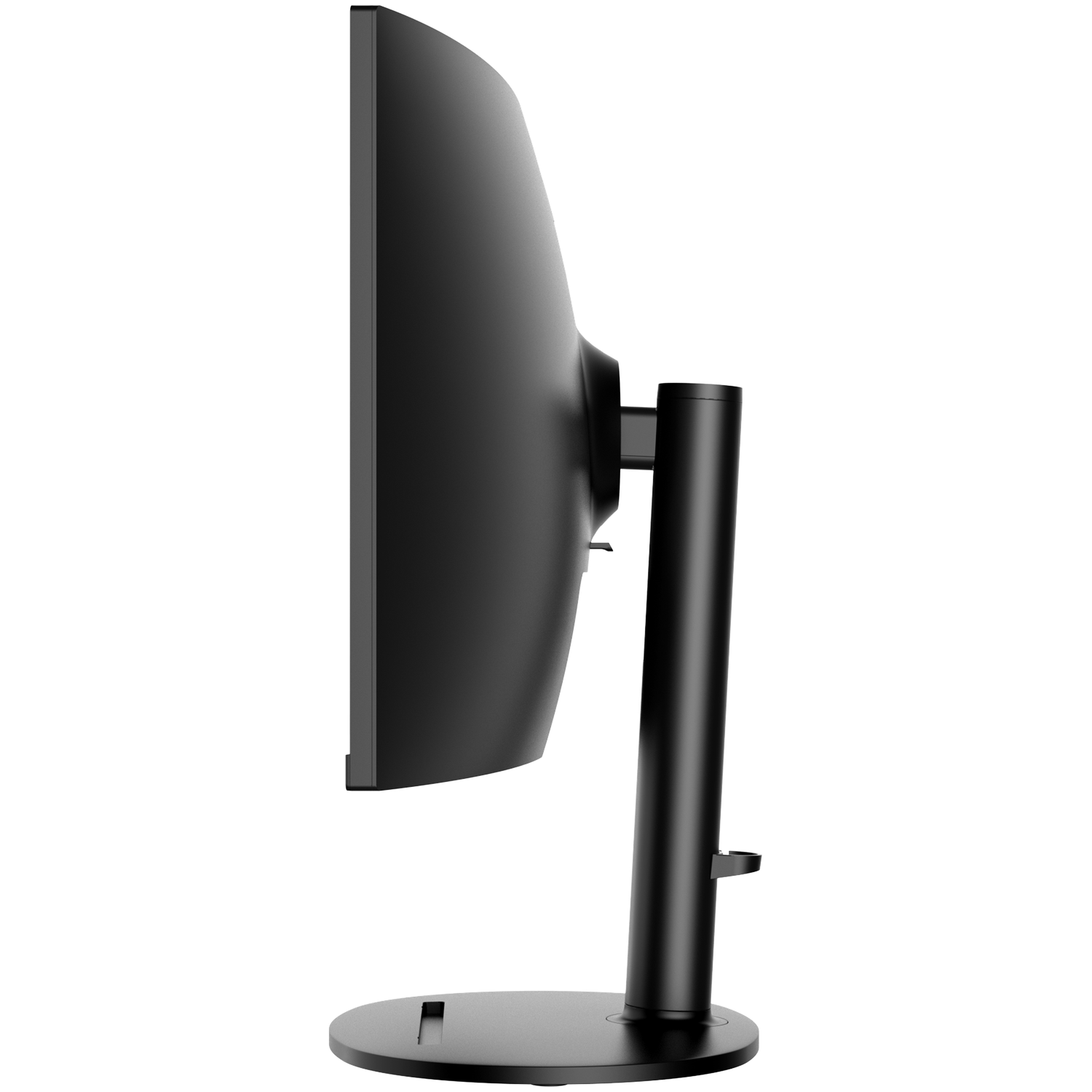 A black curved computer monitor is shown from the side. The monitor is on a stand with a round base and a vertical support.
