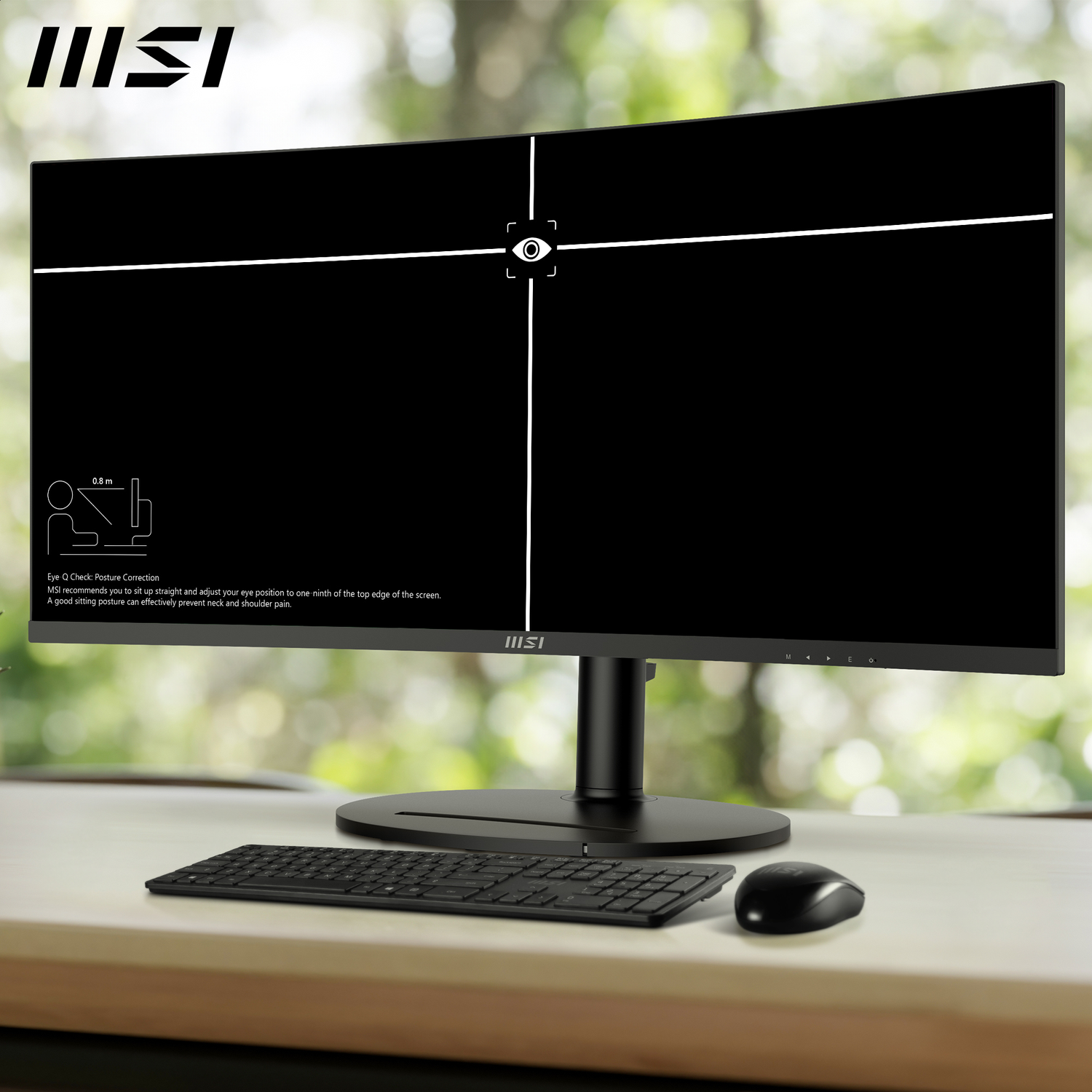 A curved black monitor with a keyboard and mouse on a desk. The screen shows a white eye symbol. Green bokeh background.
