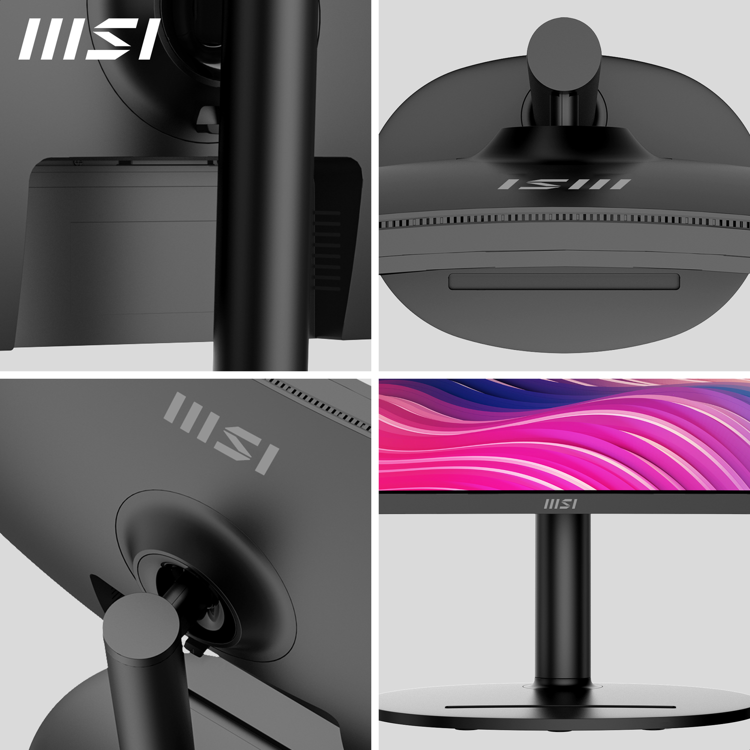 Close-up shots of a black MSI monitor. Details include the stand, back, and logo. The screen displays a pink and purple design.