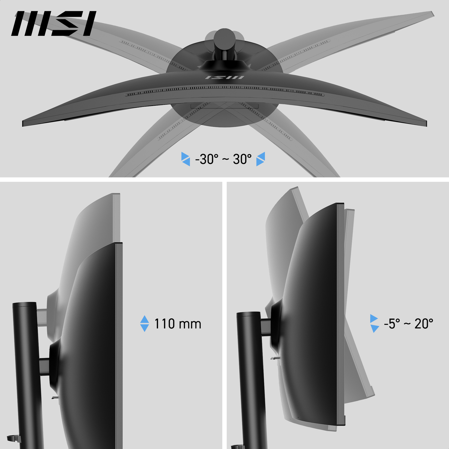 MSI monitor with adjustable screen tilt and height. Shows -30° to 30° tilt and 110mm height adjustment, with -5° to 20° tilt.