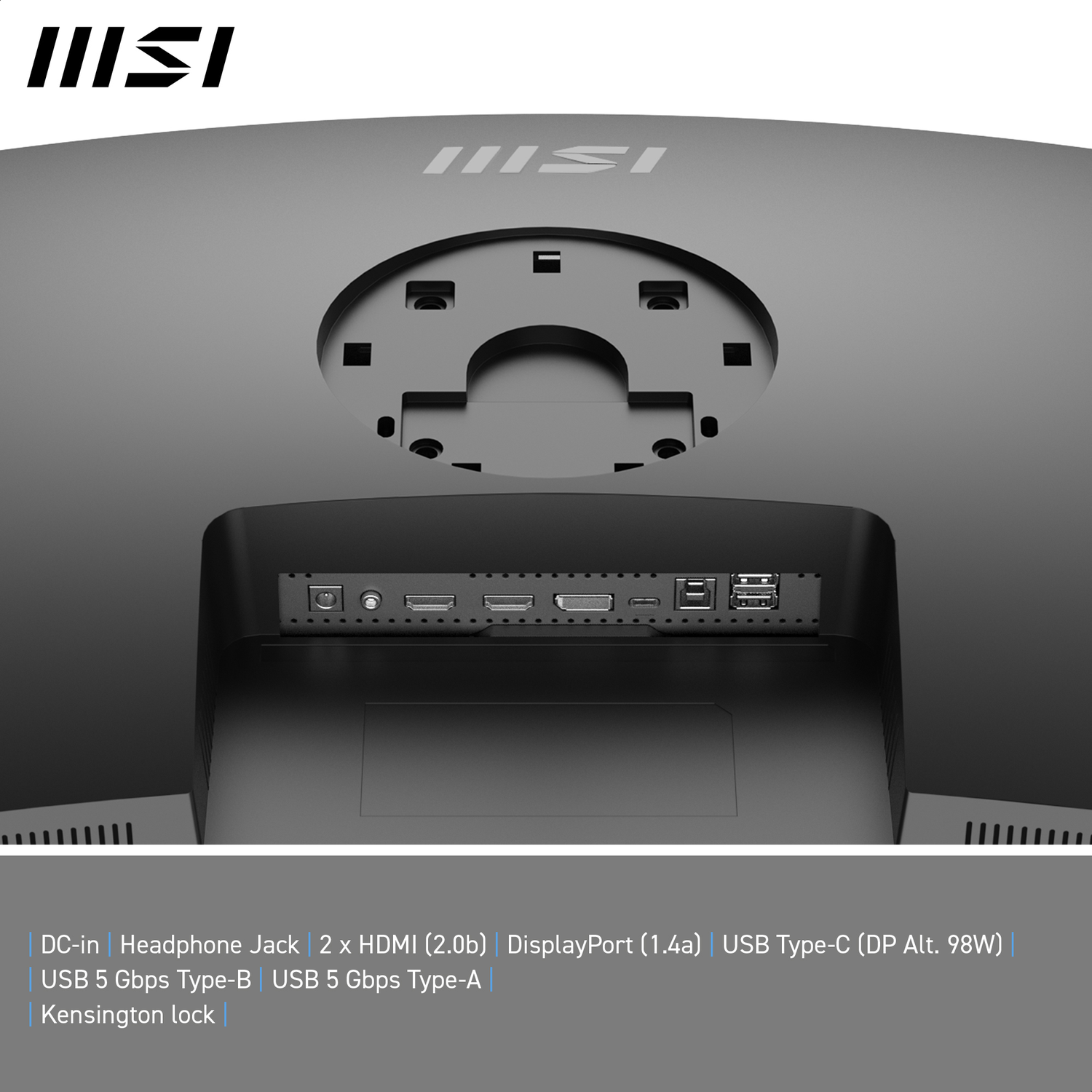 Rear view of a monitor with ports for DC-in, HDMI, DisplayPort, USB, headphone jack, and Kensington lock.