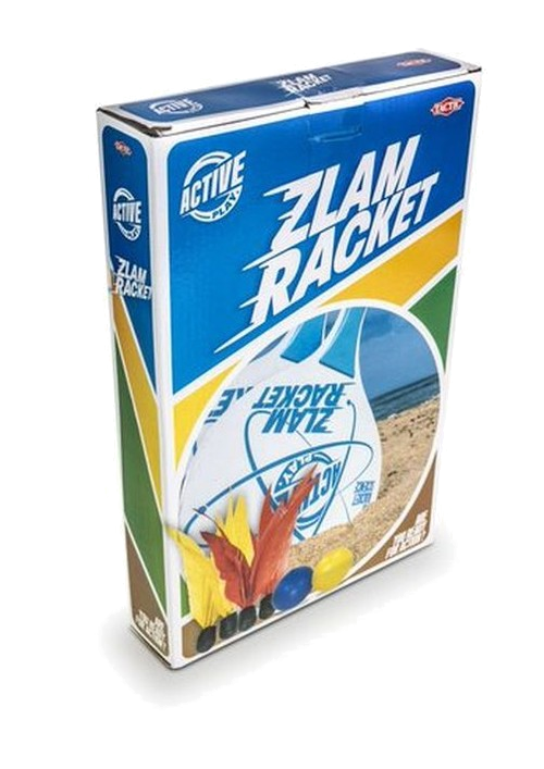 Pudełko Zlam Racket z niebieskimi, żółtymi i czerwonymi lotkami. Pudełko jest niebiesko-białe z nazwą marki.