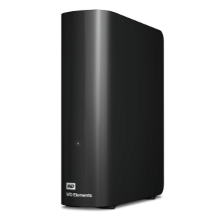 Schwarze WD Elements externe Festplatte auf schwarzem Hintergrund. Die Festplatte ist vertikal mit WD-Logo.