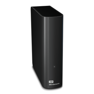 Schwarze externe Festplatte WD Elements auf schwarzem Hintergrund. Die Festplatte ist vertikal und hat das WD Elements Logo.