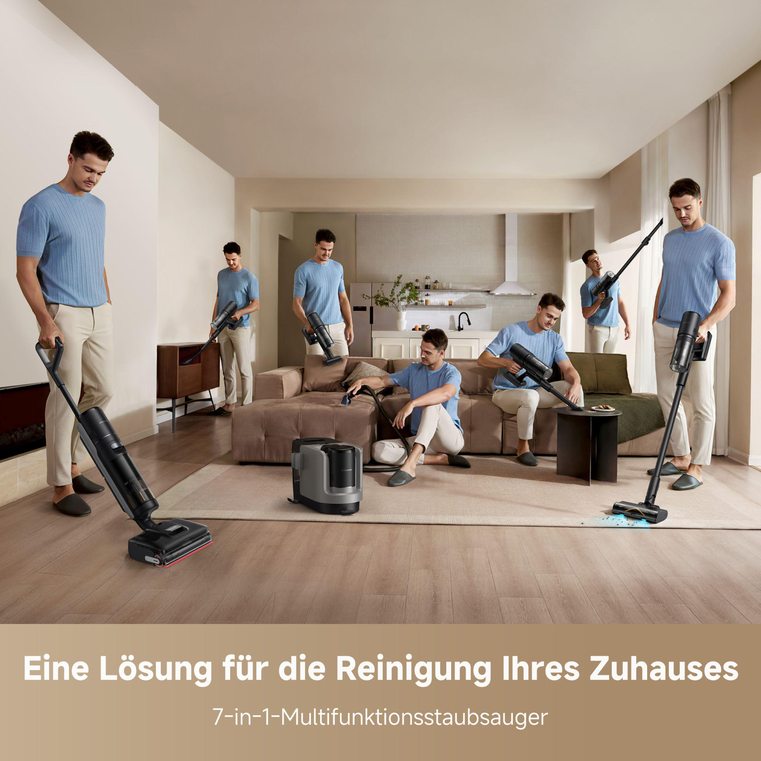 Ein Mann benutzt einen schwarzen Staubsauger. Andere Männer benutzen das gleiche Gerät in einem Wohnzimmer. Text: 7-in-1-Multifunktionsstaubsauger.
