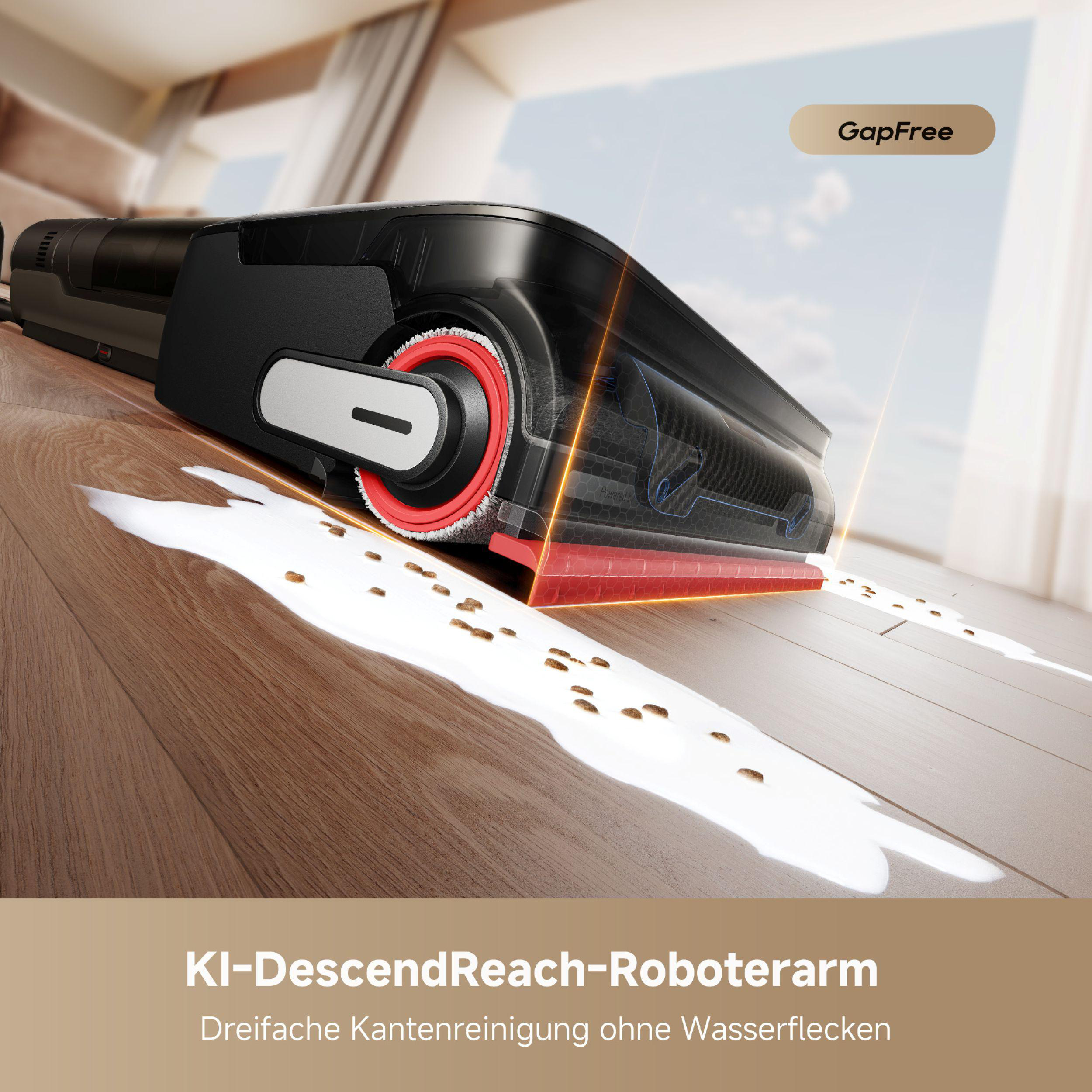 Ein schwarzer und roter Roboterarm reinigt einen Holzboden. Weiße Flüssigkeit und braune Flecken sind sichtbar.