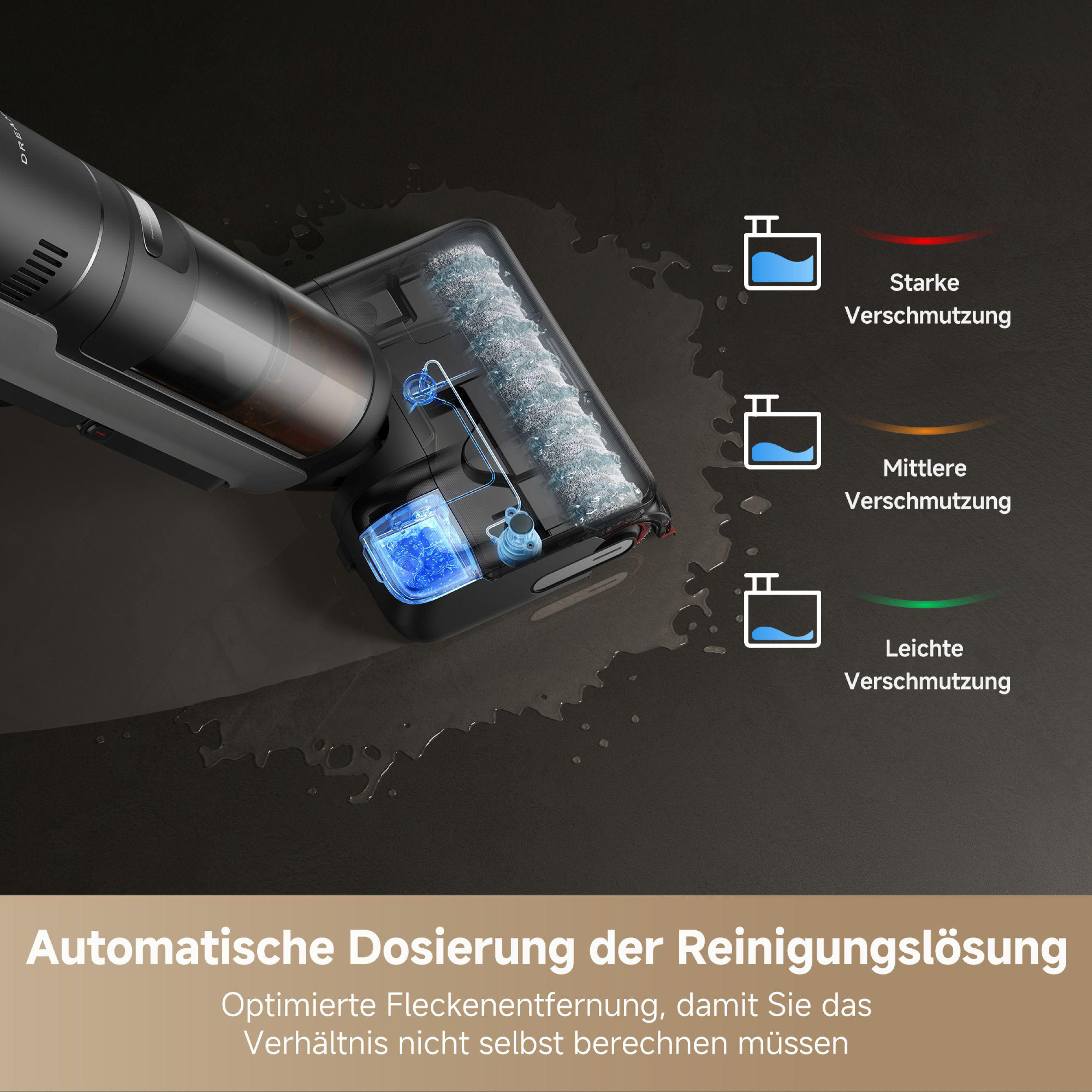 Ein Staubsauger zeigt Reinigungsstufen. Text lautet 'Automatische Reinigungslösung Dosierung'. Wassertropfen auf dem Boden.