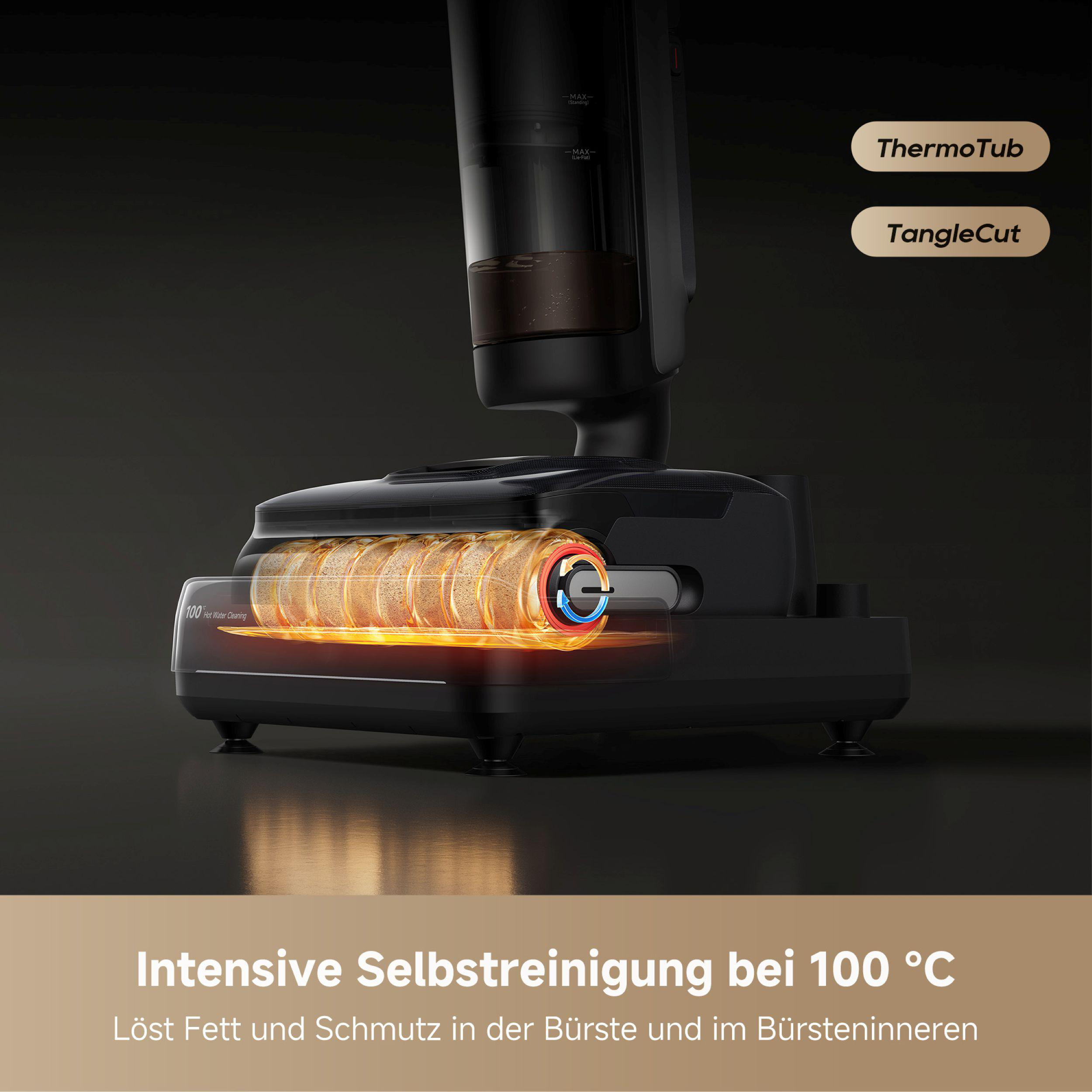 Detail eines Staubsaugers mit rotierender Bürste, Text 'ThermoTub' und 'TangleCut' auf dunklem Hintergrund.