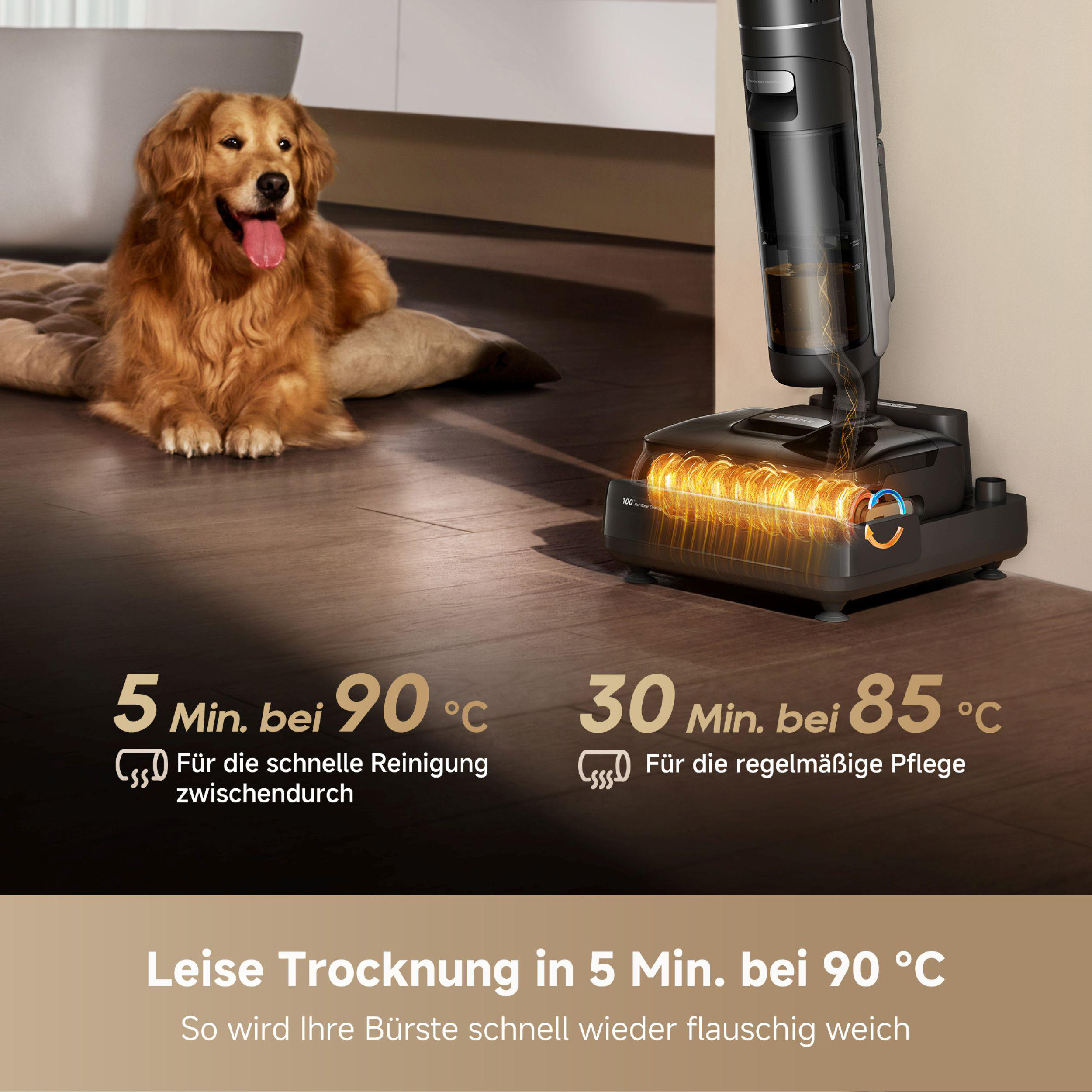 Golden Retriever neben Reinigungsmaschine. Text zeigt Reinigungsfunktionen und Temperaturen.
