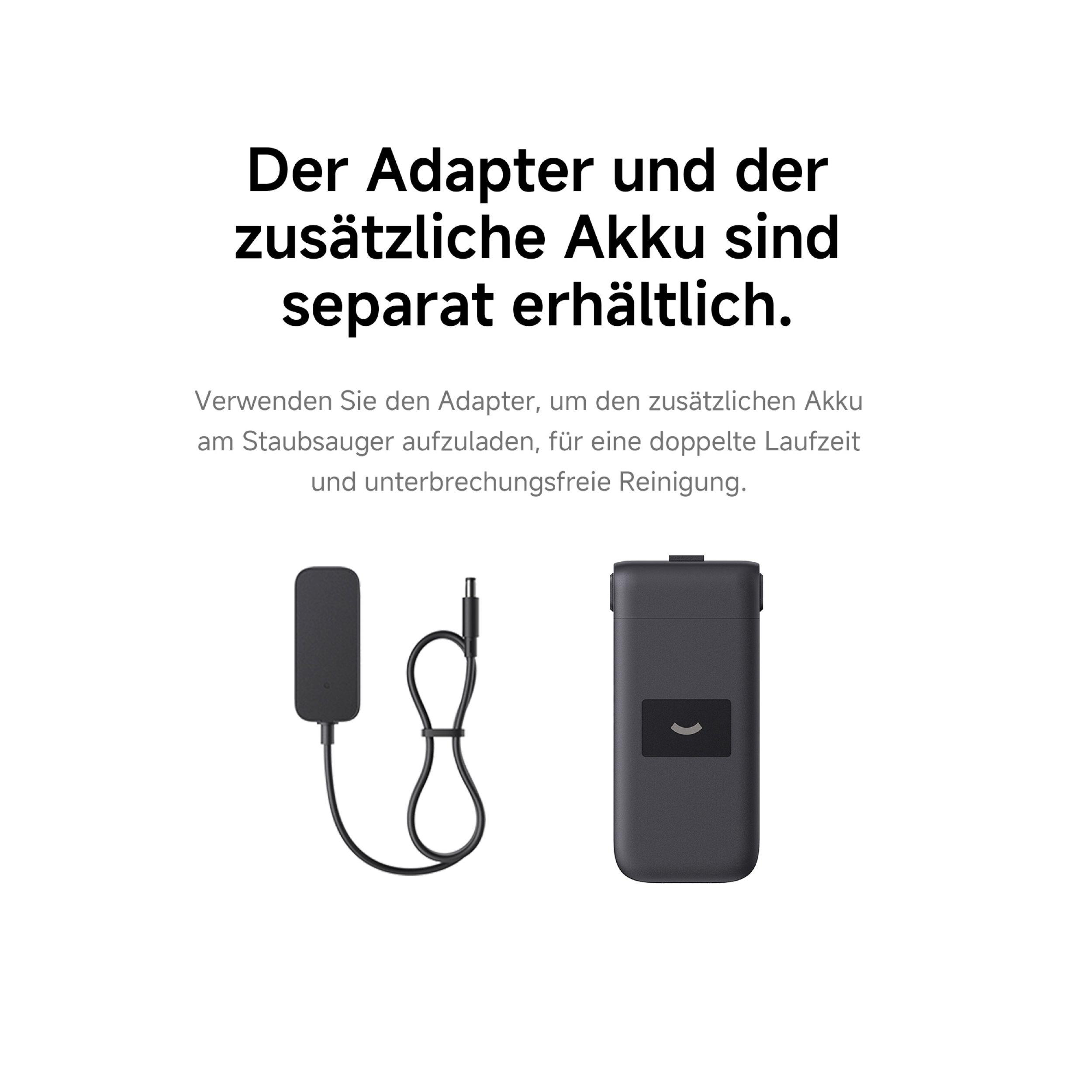 Das Bild zeigt einen schwarzen Adapter und einen zusätzlichen Akku. Text beschreibt deren separate Verfügbarkeit und Verwendung beim Staubsaugen.
