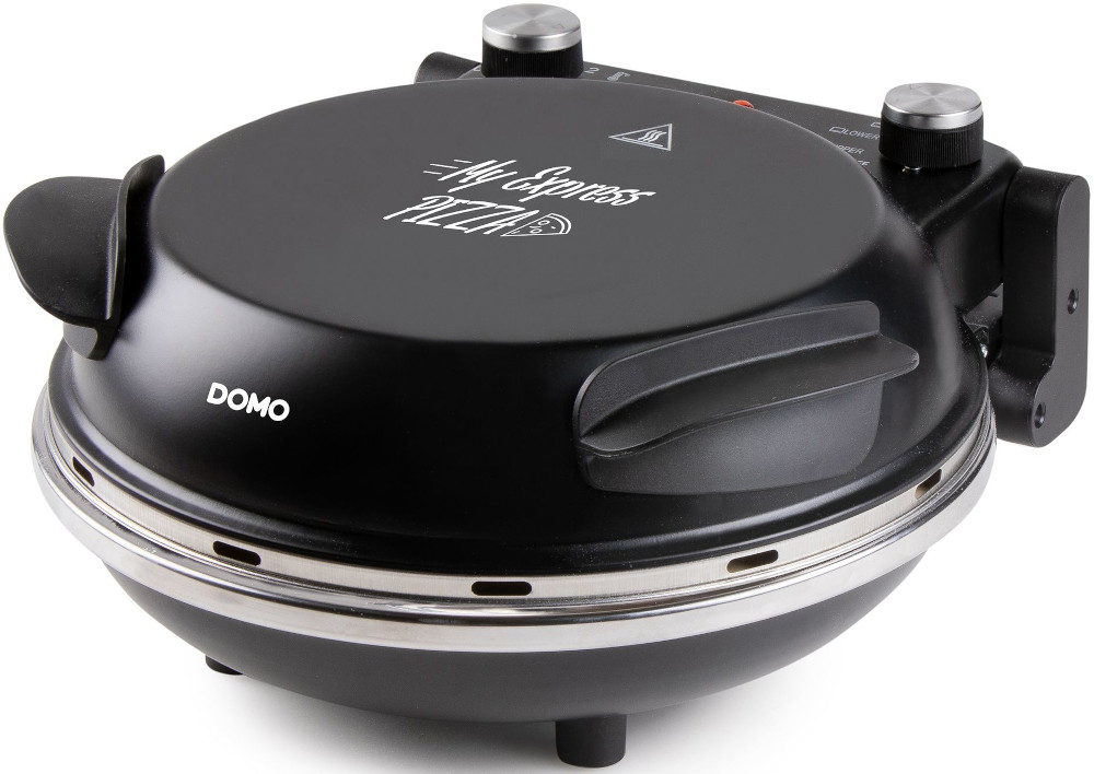 Black pizza maker. It has My Express Pizza text on top. Silver accents and knobs. DOMO branding present.
