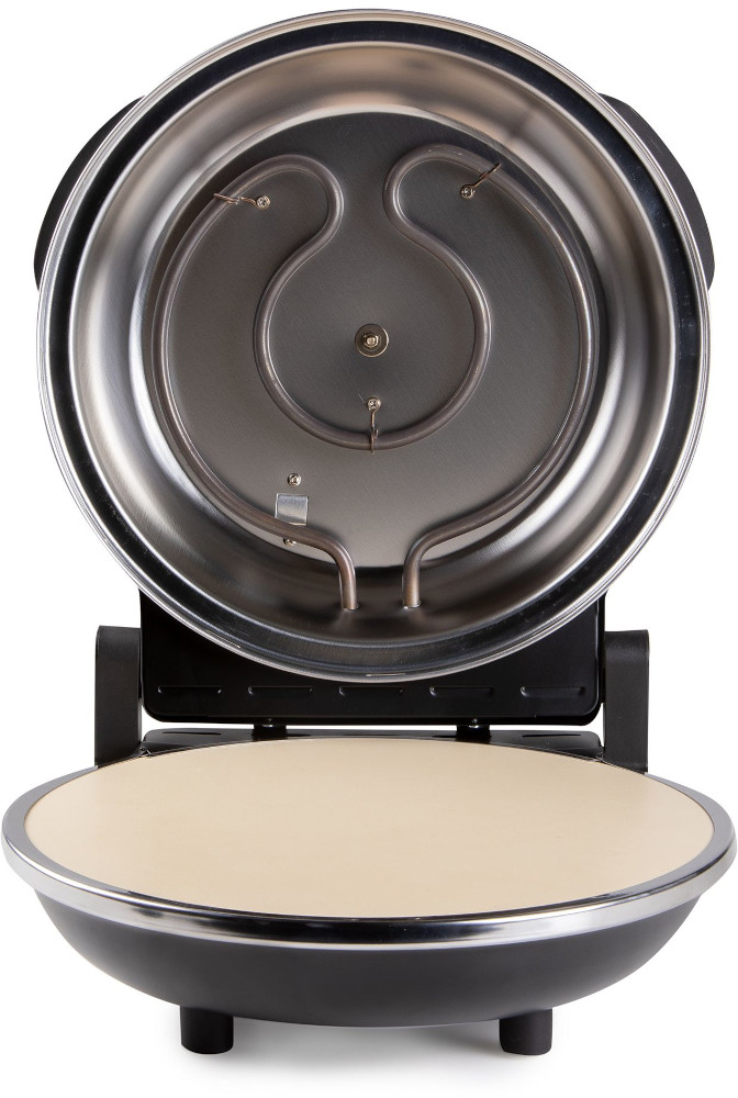 An open pizza oven. The top is stainless steel with a heating element. The bottom has a stone base, resting on a black stand.