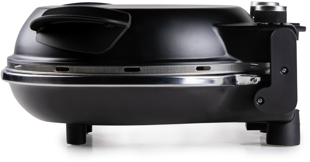 A black pizza oven with a handle and silver accents. It has a round shape with a control panel on the side and sits on short legs.
