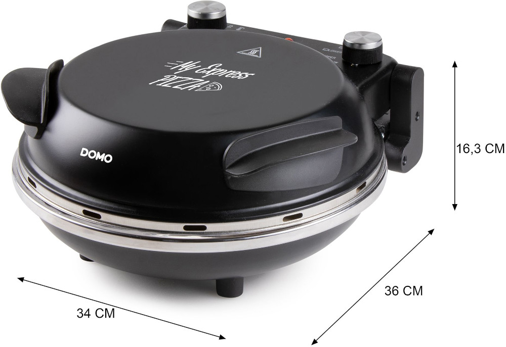 Black pizza oven with silver trim, handles, and knobs. Dimensions are indicated. The top says 'My Express Pizza' and 'DOMO'.