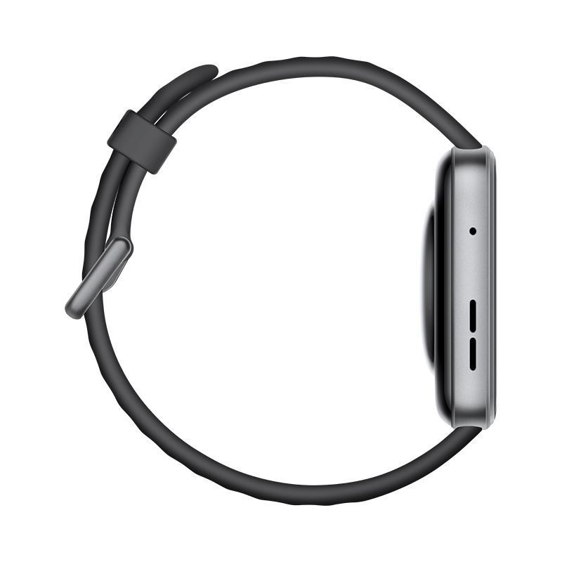 Eine Smartwatch mit schwarzem Armband und silbernem, rechteckigem Zifferblatt. Das Armband ist mit dem Gehäuse verbunden.