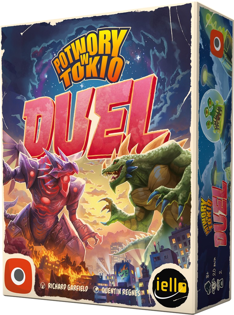 Grafika pudełka gry Potwory w Tokio Duel. Dwa potwory stają naprzeciwko miasta. Tytuł to 'Duel'.