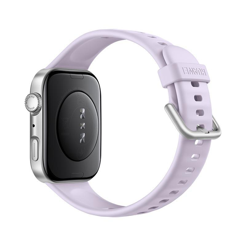 Eine silberne Huawei-Smartwatch mit schwarzem Bildschirm und helllila Armband. Das Armband ist mit einer silbernen Schnalle an der Uhr befestigt.