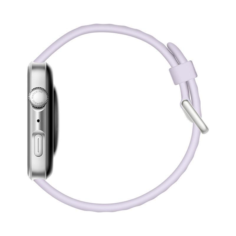 Eine Smartwatch mit silbernem Gehäuse und helllila Armband wird im Profil gezeigt. Das Zifferblatt ist schwarz.