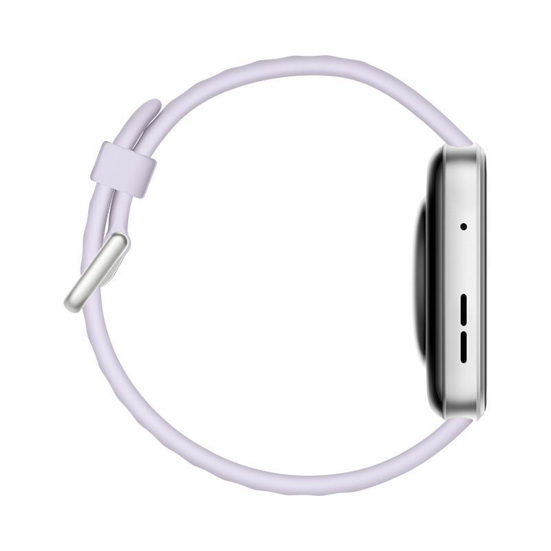 Eine hellviolette Smartwatch mit silbernem Rahmen. Das Armband ist gebogen und mit dem Zifferblatt verbunden.
