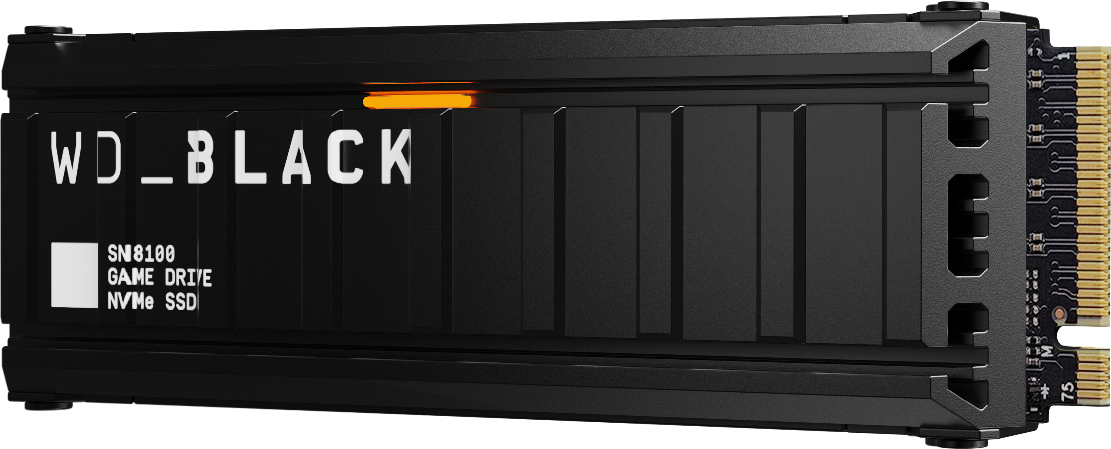 Eine schwarze WD_BLACK SN8100 NVMe SSD. Sie hat ein orangefarbenes Licht und Text, der GAME DRIVE lautet. Die rechte Seite zeigt goldene Anschlüsse.