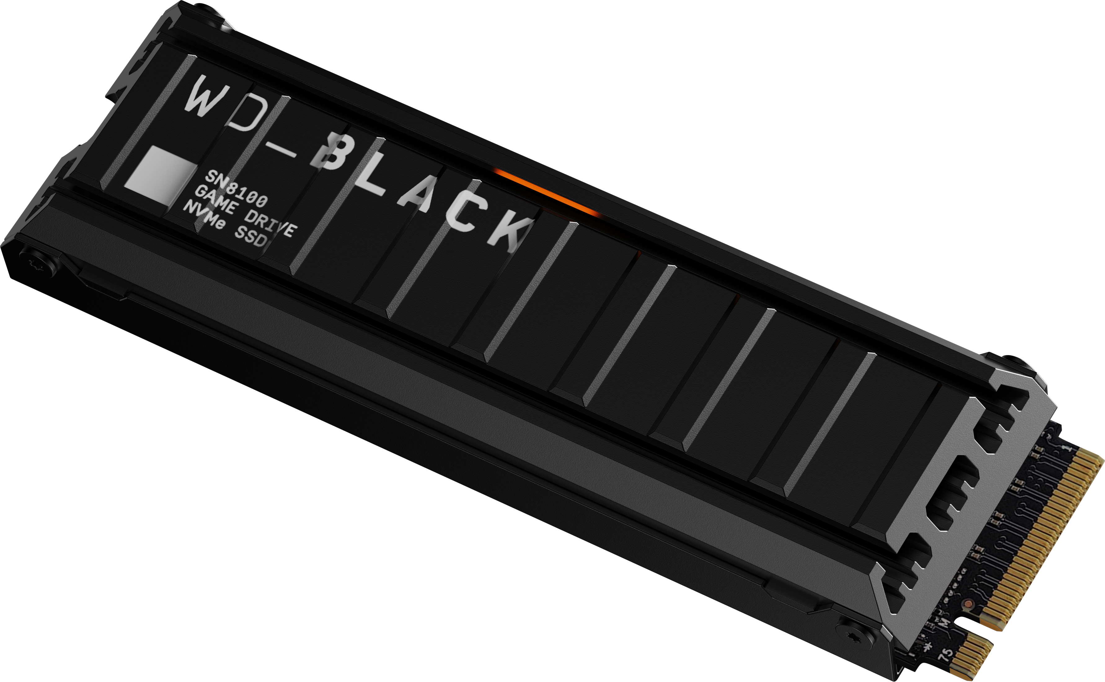 Schwarze WD_BLACK SN8100 NVMe SSD. Hat den Text WD_BLACK, mit orangefarbenem Licht. Der Anschluss hat goldene Pins.
