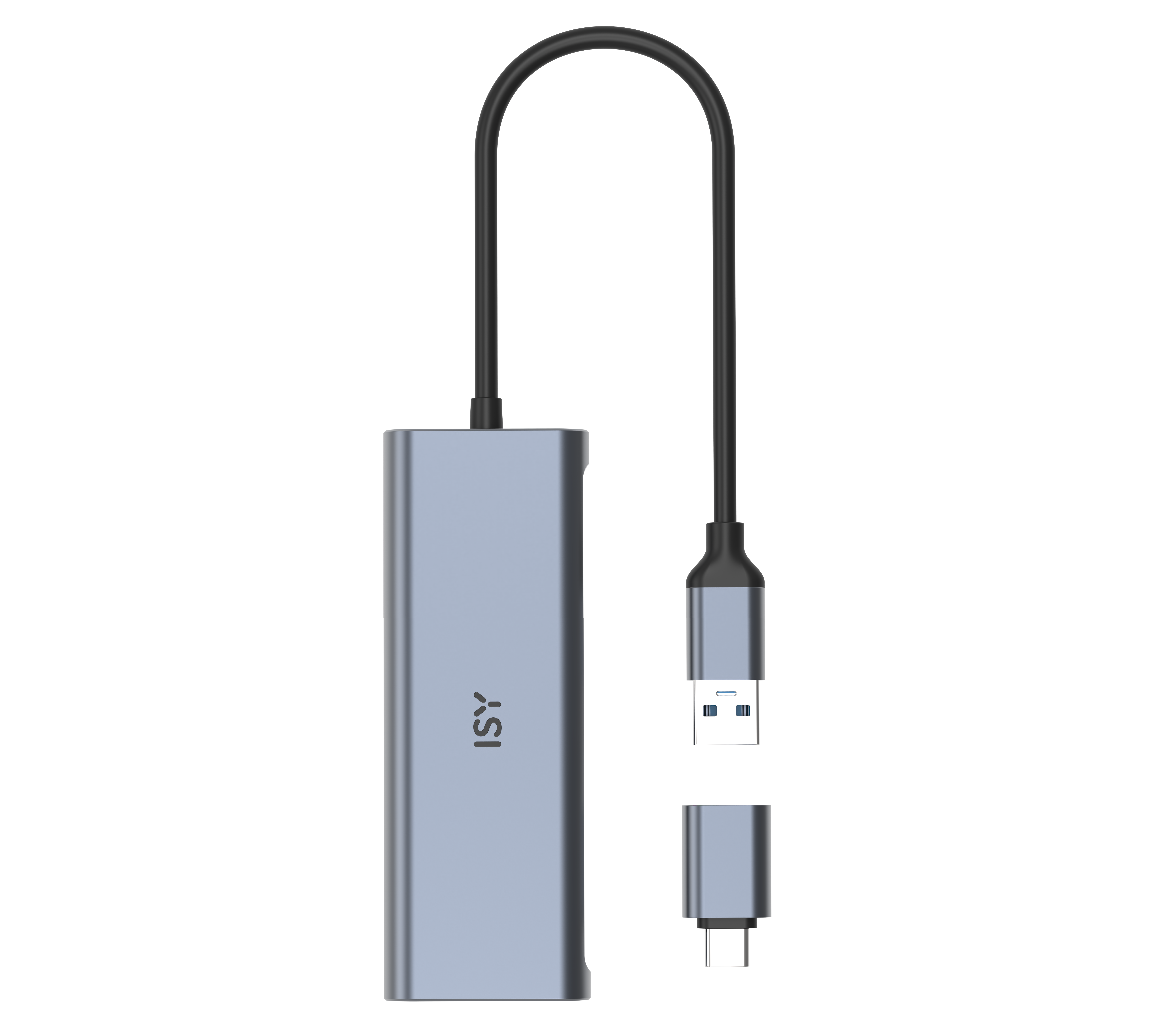 Ein blauer USB-Hub mit schwarzem Kabel und zwei Anschlüssen. Der Hub hat das 'ISY'-Logo.