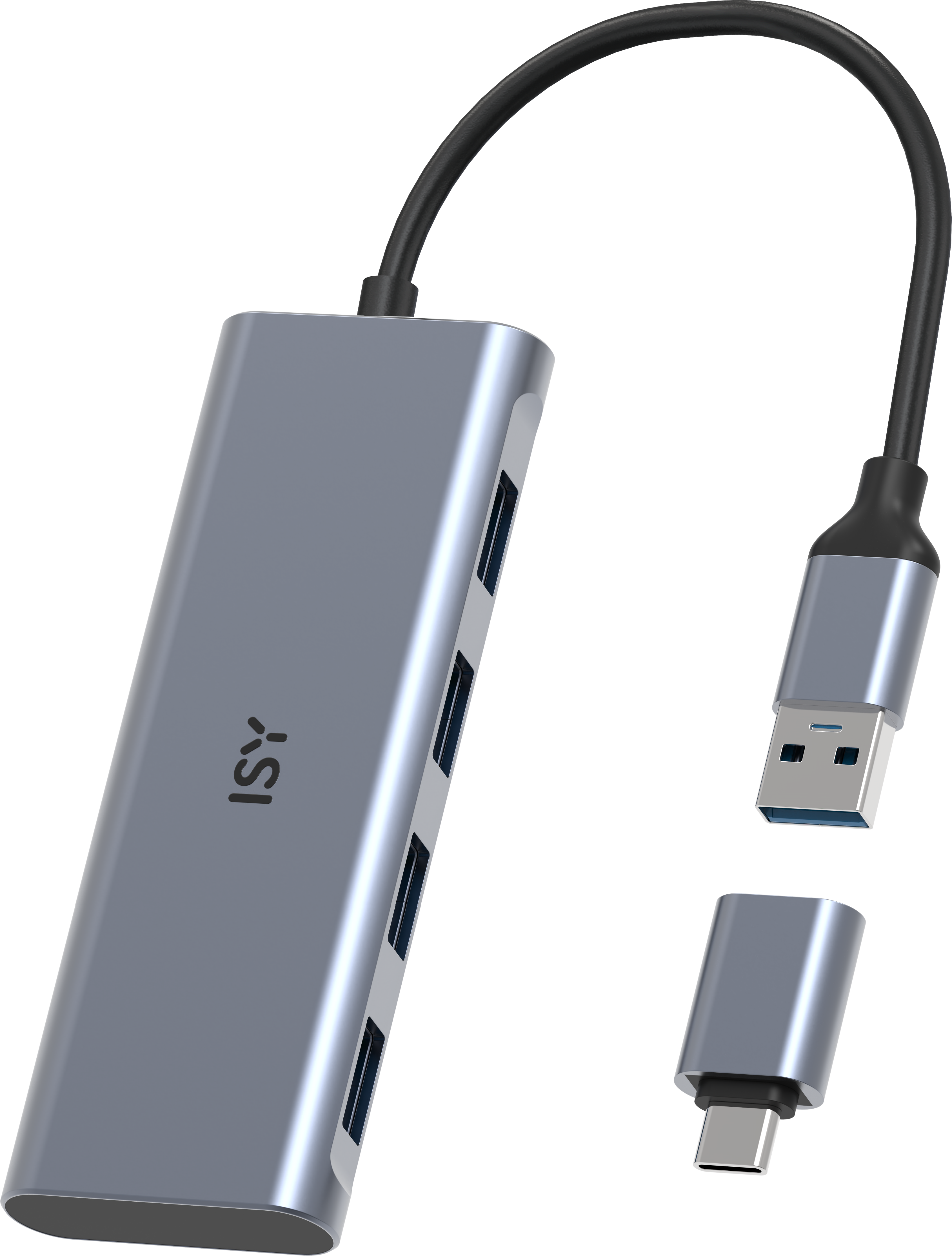 Ein silberner USB-Hub mit mehreren Anschlüssen, einem USB-A-Anschluss und einem USB-C-Anschluss, alles auf schwarzem Hintergrund.