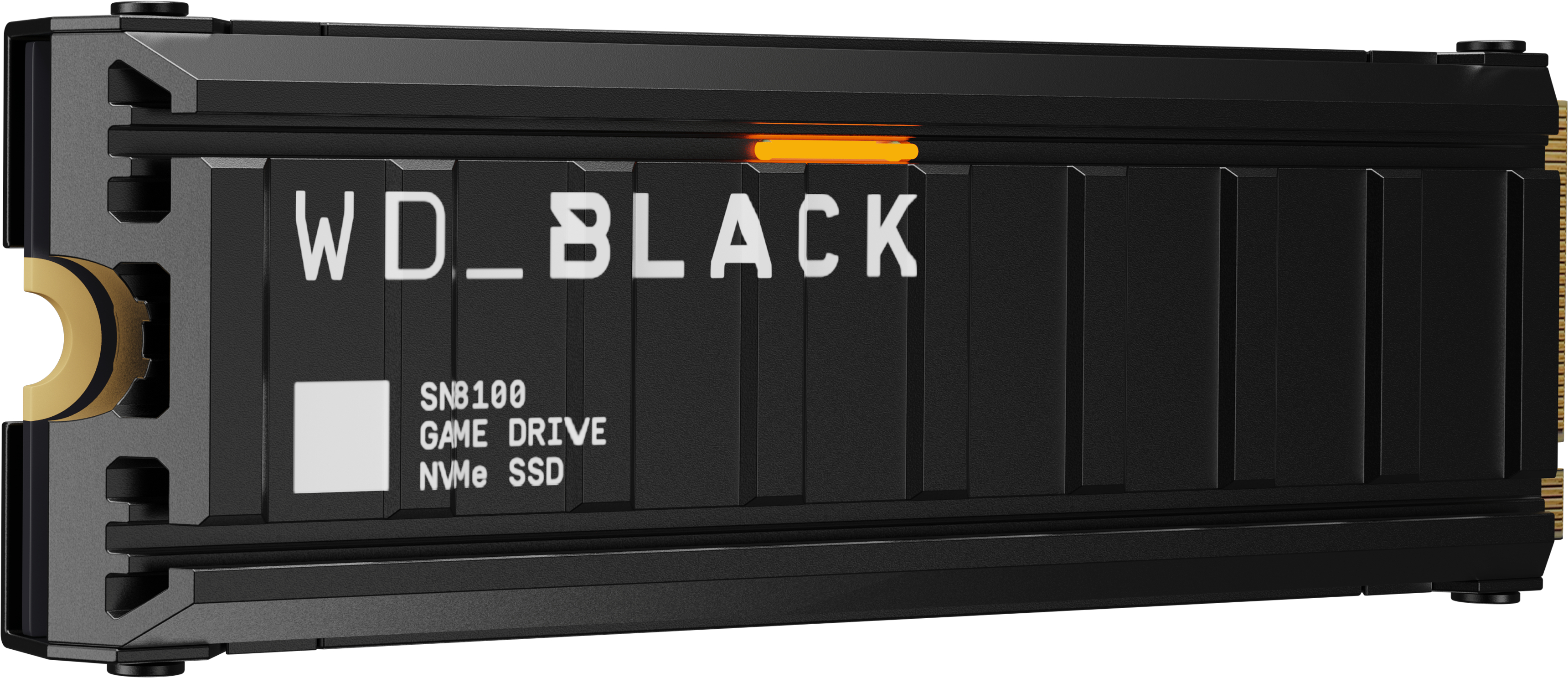 Eine schwarze WD_BLACK NVMe SSD wird angezeigt. Sie hat weißen Text und ein kleines orangefarbenes Licht. Das Laufwerk hat goldfarbene Anschlüsse.