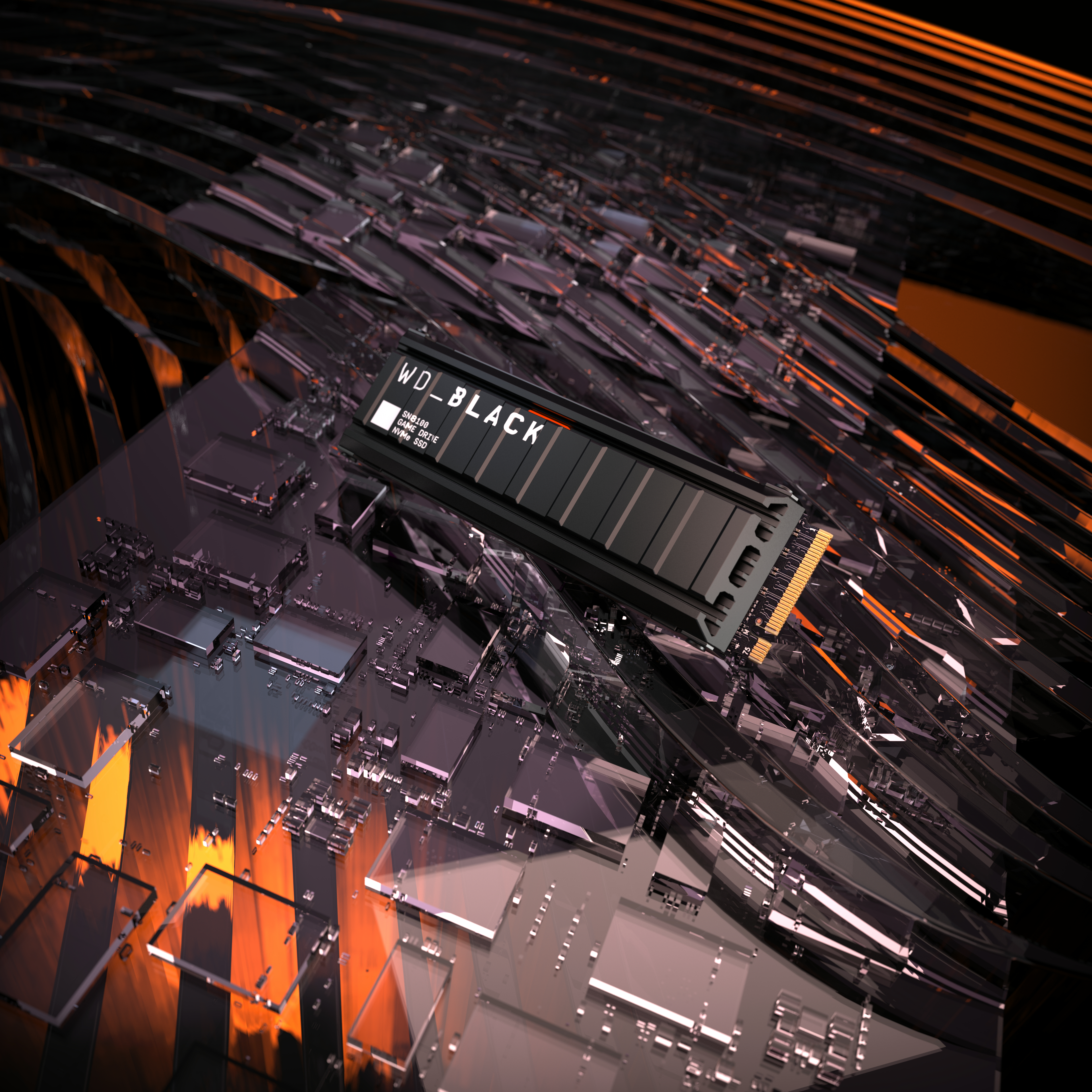 Eine schwarze WD_BLACK SSD liegt auf einer zerbrochenen Glasoberfläche. Der Hintergrund hat orange und schwarze abstrakte Formen.
