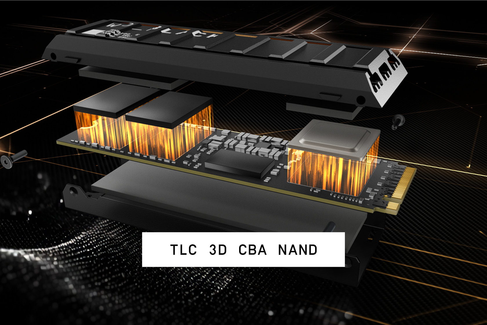 Explosionsansicht einer SSD mit Schichten und Komponenten. Text: TLC 3D CBA NAND. Komponenten haben orange Licht.