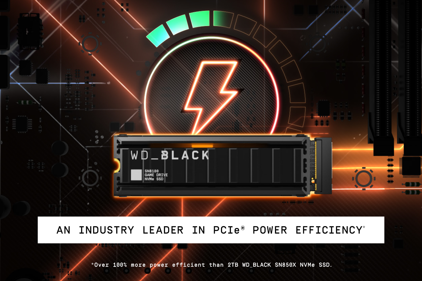 WD_BLACK SN8100 NVMe SSD. Blitzsymbol mit Ladebalken. Text: Branchenführer in PCIe-Energieeffizienz.