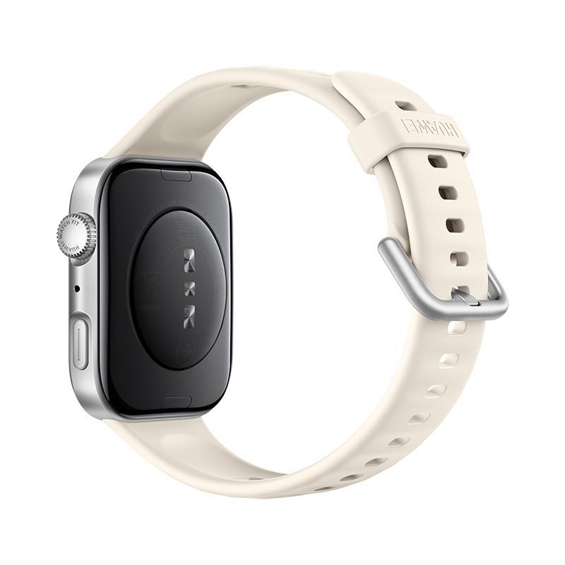 Eine Huawei-Smartwatch mit cremefarbenem Armband und silbernem Gehäuse. Die Uhr zeigt die Rückseite und die Innenseite des Armbands.