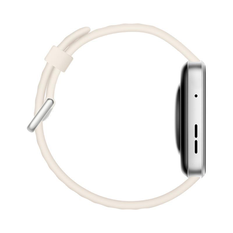 Eine Smartwatch mit weißem Armband wird von der Seite gezeigt. Das Zifferblatt ist schwarz mit silbernem Rahmen. Das Armband ist cremefarben.