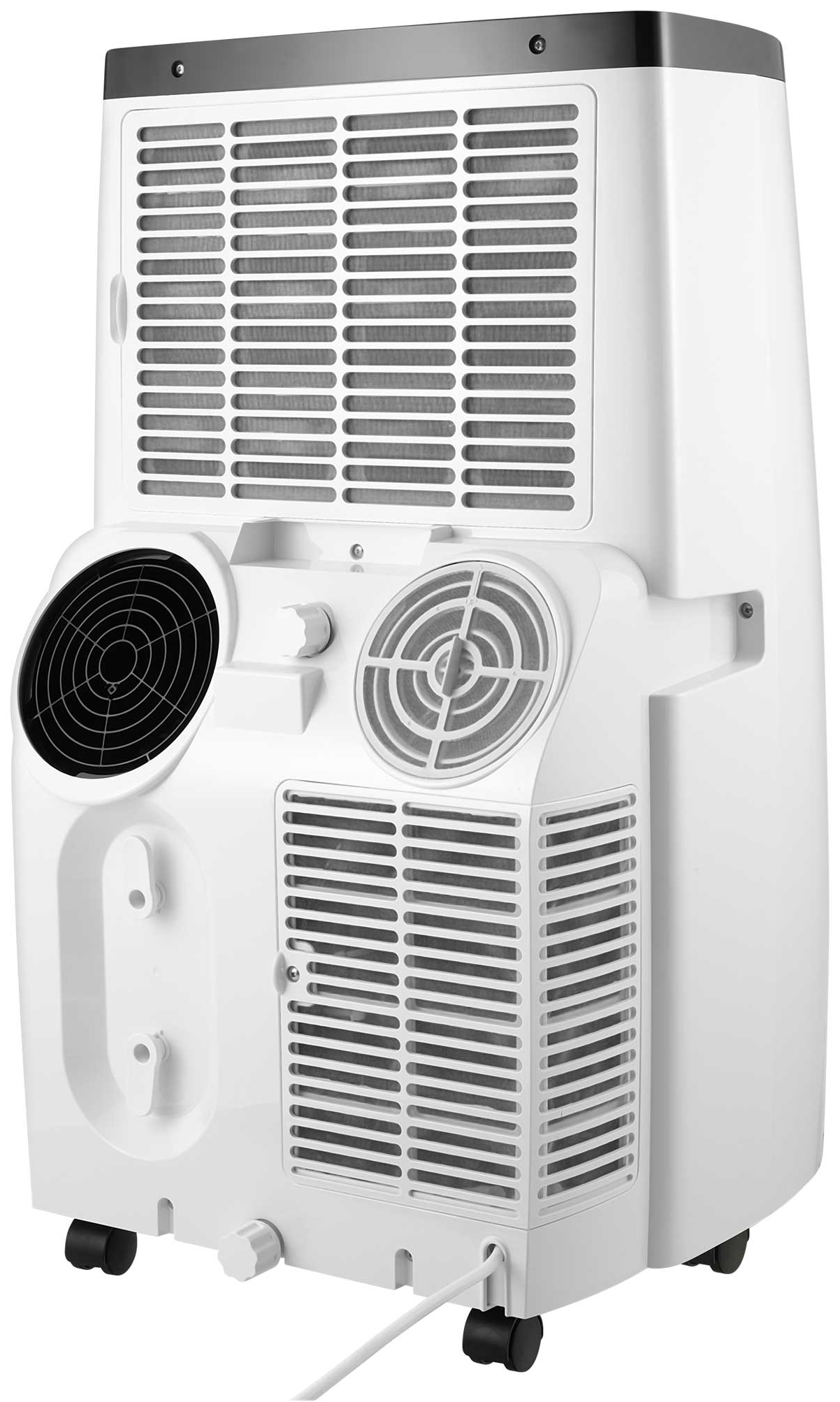 Egy fehér hordozható légkondicionáló, szellőzőkkel, ventilátorokkal és fekete tetővel. Kerekekkel és tápkábellel rendelkezik.