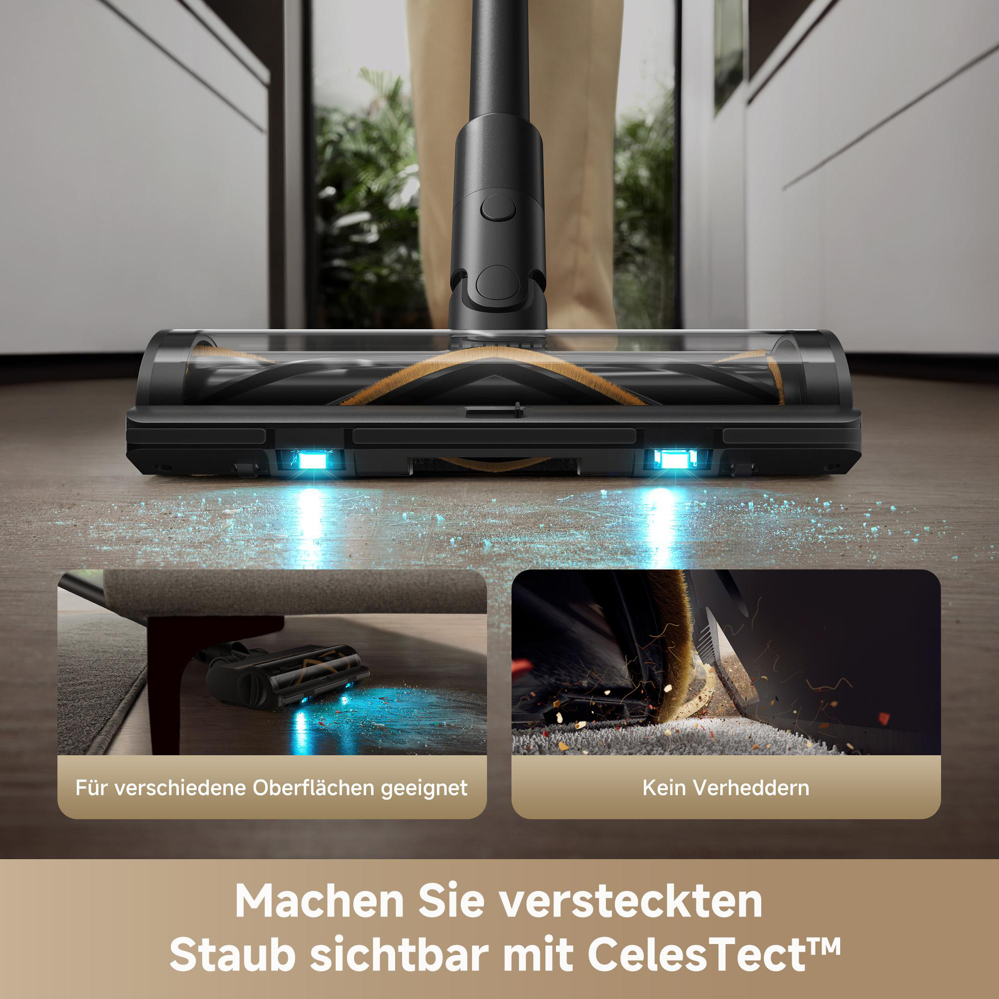 Ein Staubsaugerkopf mit sichtbaren Staubpartikeln und zwei inset-Bildern, die das Reinigen verschiedener Oberflächen zeigen.