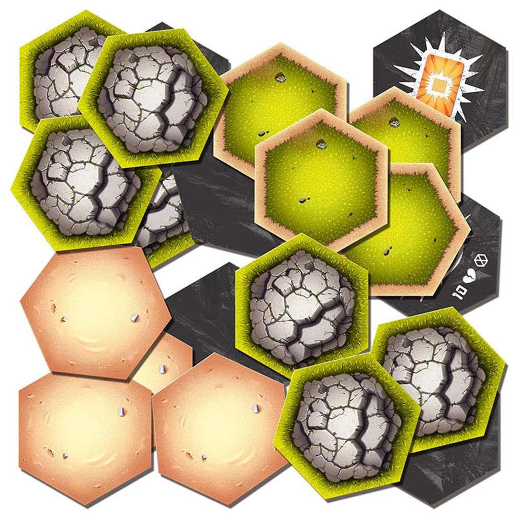 Sześciokątne kafelki do gry. Niektóre przedstawiają pęknięty kamień, trawę lub jasnobrązowe równiny. Inne są czarne z symbolami lub białą eksplozją.