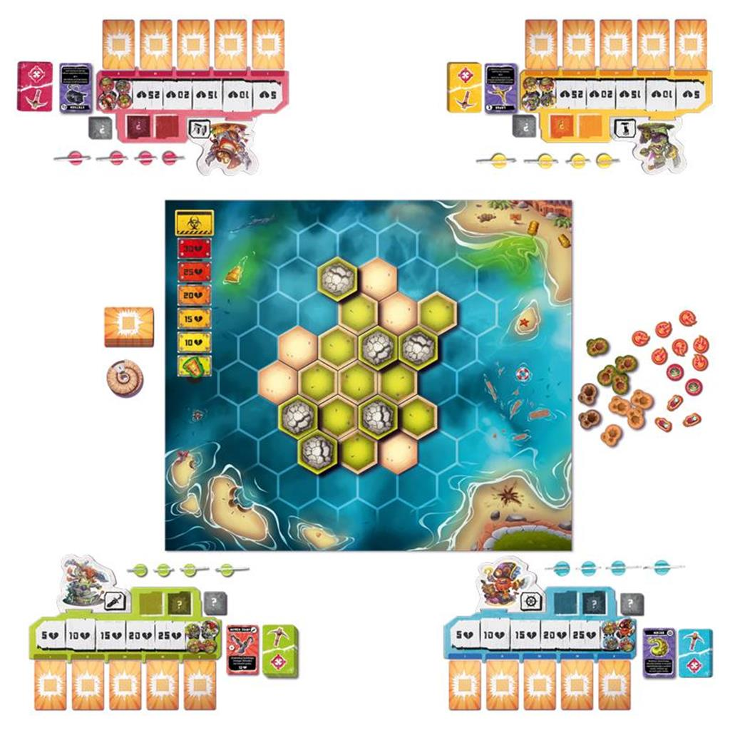 Gra planszowa z kartami, żetonami i sześciokątnymi kafelkami. Zieleń i błękit dominują na planszy.