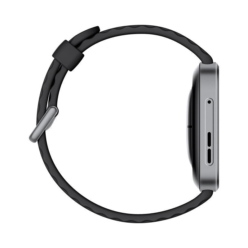 Seitenansicht einer Smartwatch. Sie hat ein schwarzes Armband und ein graues rechteckiges Zifferblatt. Der Hintergrund ist weiß.
