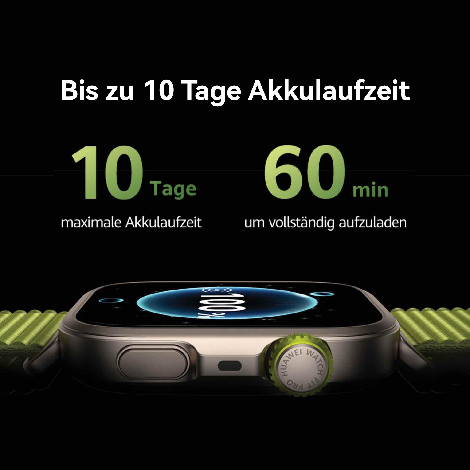 Eine Smartwatch zeigt 10 Tage Akkulaufzeit, 60 Min. zum Aufladen. Grüne Akzente und Armband auf schwarzem Hintergrund.