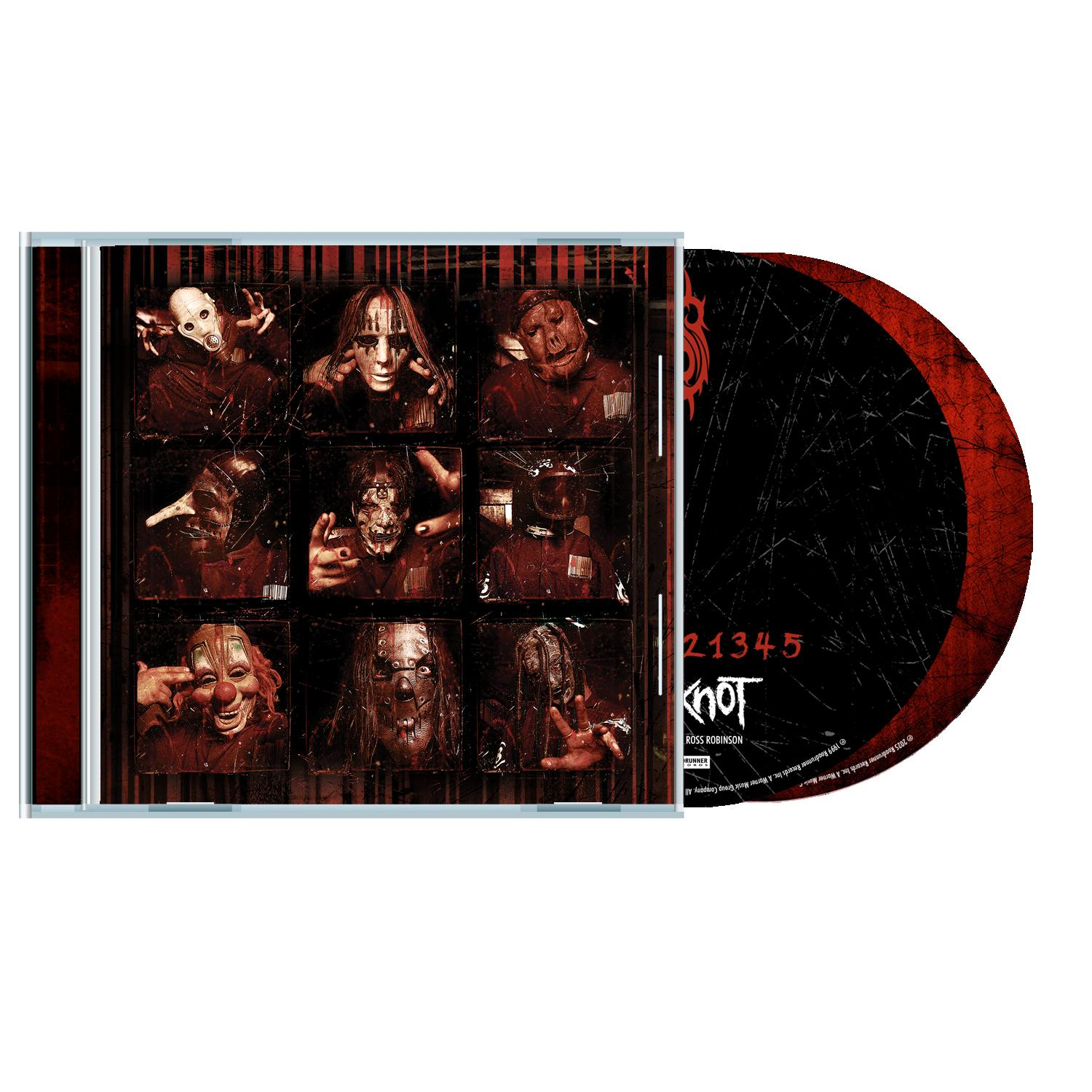 CD-Hülle mit maskierten Figuren, eine CD mit rot-schwarzem Design und dem Wort 'knot'.
