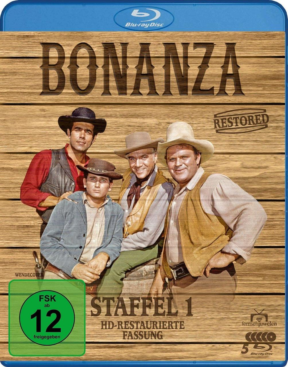 Bonanza Blu-ray-Cover. Vier Männer mit Cowboyhüten posieren. Text enthält "Bonanza", "Restored" und "Staffel 1".