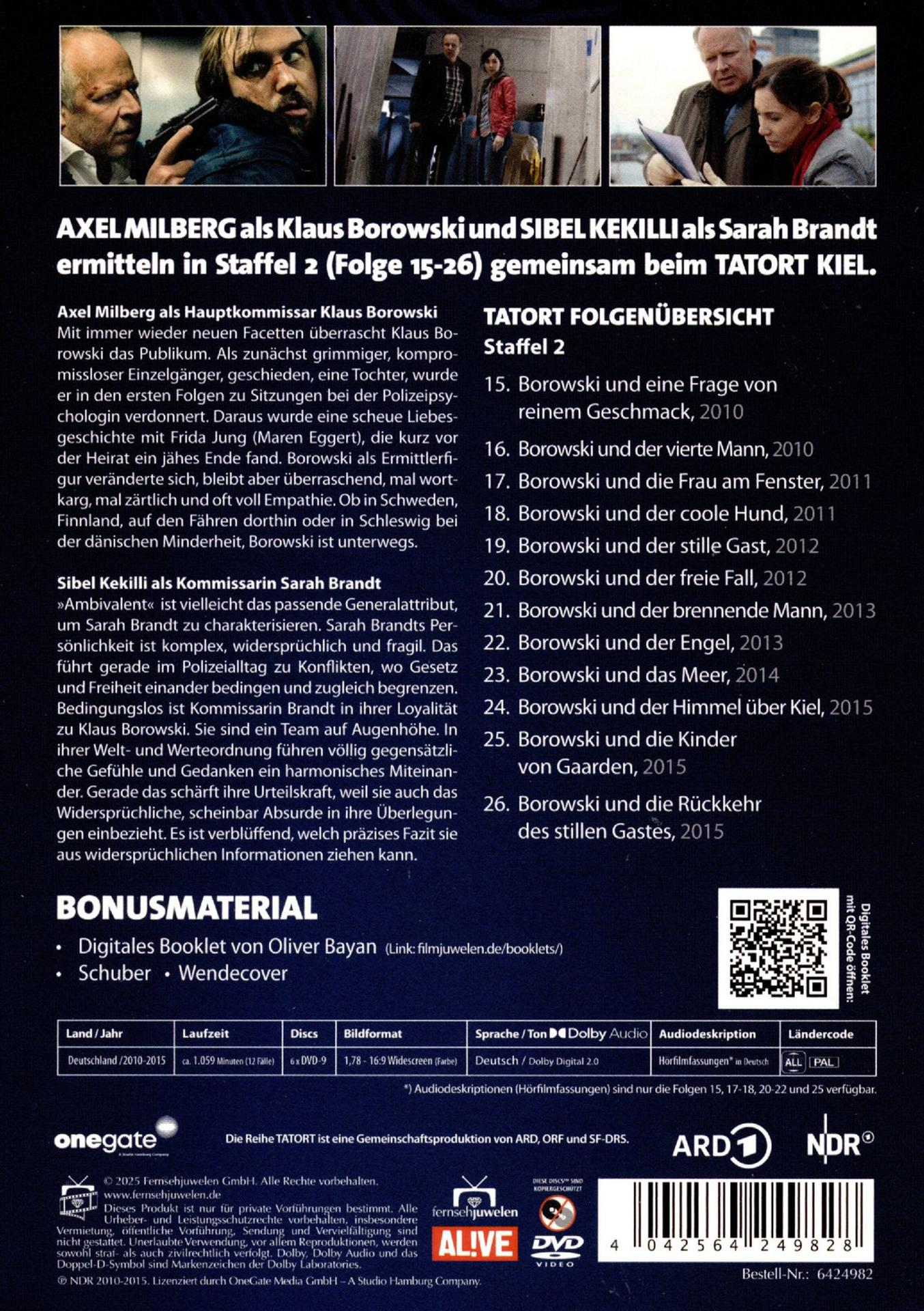 DVD-Hülle mit Schauspielernamen und Episodentiteln. Enthält Logos und einen QR-Code.
