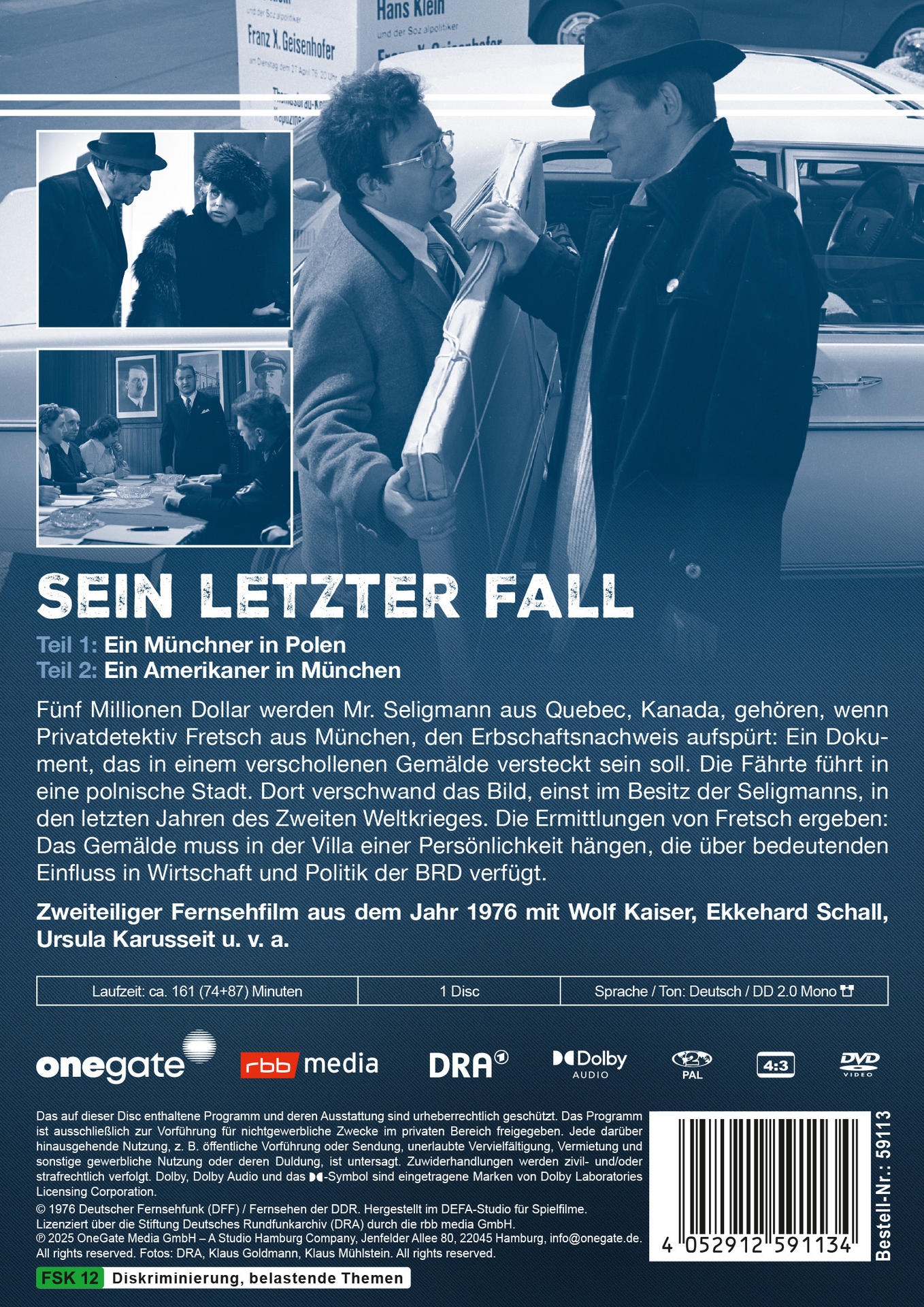 Poster für einen deutschen Fernsehfilm. Ein Mann im Mantel spricht mit einem im Anzug in der Nähe eines Autos.