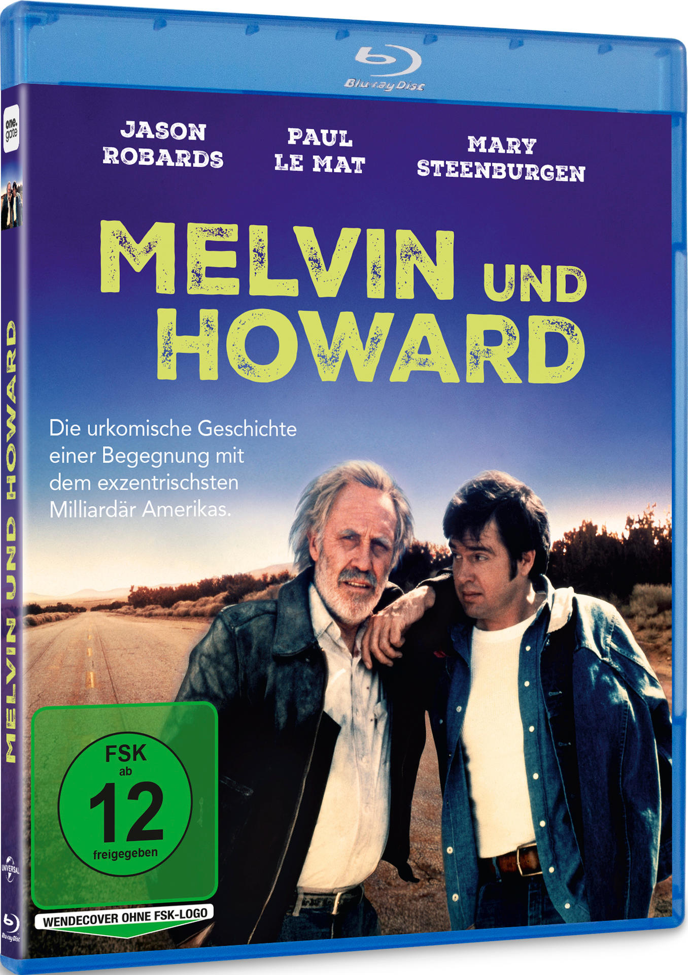 Blu-ray-Cover von Melvin und Howard. Zwei Männer stehen vor einer Straße. Der Text enthält Titel, Schauspieler und Bewertung.