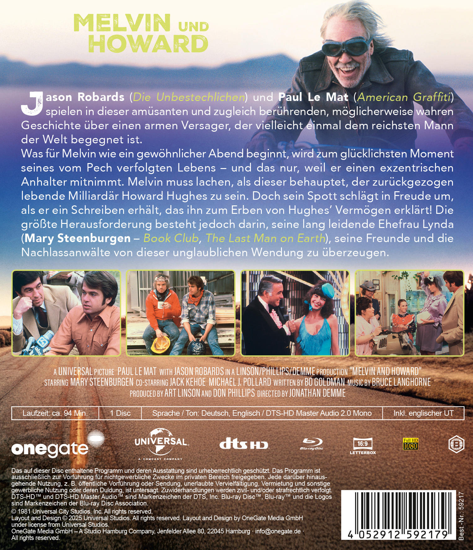 Filmcover. Lächelnder Mann mit Sonnenbrille, Text 'Melvin and Howard', Schauspieler und Filmdetails.