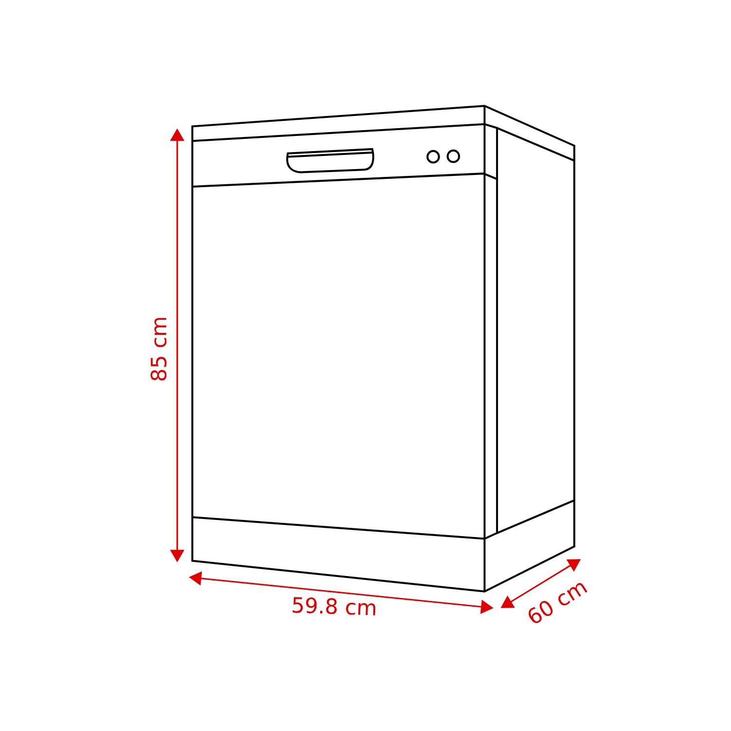 Dessin au trait d'un lave-vaisselle avec dimensions : 85cm de haut, 59,8cm de large et 60cm de profondeur.